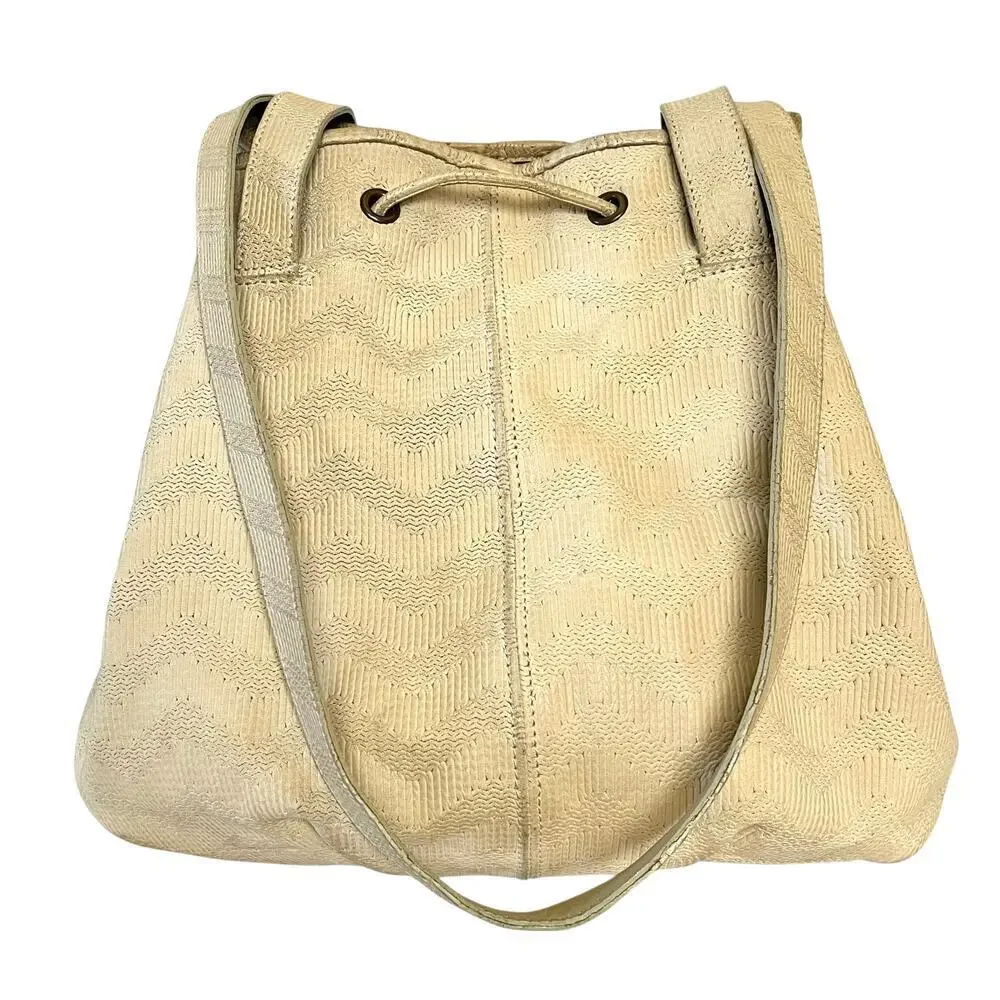 Brahmin 1980s Vintage Early Old Stock Chevron Embossed Cream Leather Bucket Bag